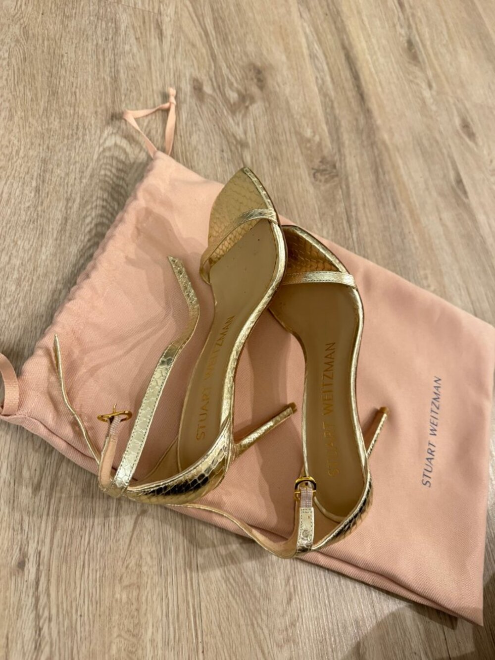 Stuart Weitzman Nudistcurve 100 Strap Sandal - Platino Gold - Size 5.5